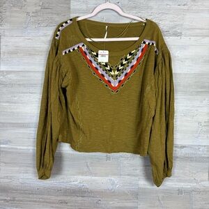 Free People Olive Green Embroidered "Aries" Balloon Sleeve Top - Size L